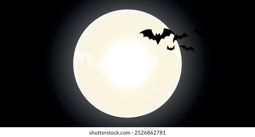 Happy Halloween Spooky Nighttime Szene mit Vollmond und Fledermäusen horizontalen schwarzen Hintergrund. Vektorgrafik