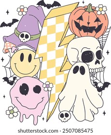 happy halloween, spooky, pumpkin, boo, skull, ghost, retro style, witch, design 