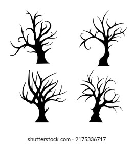 Happy Halloween, spooky scary dark shadow trees cartoon icon set on white background. Autumn holiday icon, vector illustration graphics.