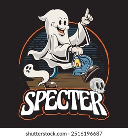 Feliz Halloween Spooky Spectre con cabeza de calavera para insignia y etiqueta engomada, Anuncio, parche, tarjeta de felicitación, camiseta y Vector de invitación ilustración de dibujos animados retro