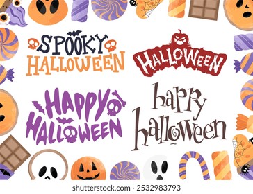 Happy Halloween and Spooky Text Sets with Halloween Backgrounds, Eerie Typography Designs, Festive Halloween Decor, Trick or Treat Lettering Elements, Spooky Graphics