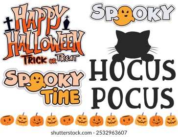 Happy Halloween, Spooky, Spooky Time, Hocus Pocus Text Sets Designs, Featuring Fun and Eerie Typography with Halloween-Themed Graphics, Perfect for Decorations, Invitations, and Holiday Greetings.