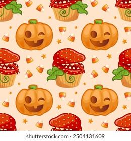 Happy Halloween. A spooky Halloween treat. Seamless pattern. Jack o Lantern, Delicious cupcake with a toothy strawberry monster. Carnivorous plant. For wallpaper, fabric, wrapping, background.