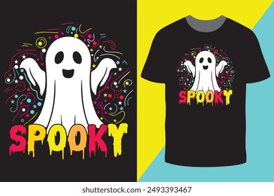 Feliz Halloween Spooky Vibe Vector de diseño de camiseta. Tipografía, Ilustración de diseño de camiseta de Halloween. Diseño de camiseta fantasmagórico, fantasma para el día de Halloween. Diseño de Vector de Halloween.