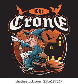 Feliz Halloween Spooky Witcher con Flying Broom en la noche del castillo para la insignia y etiqueta engomada, Anuncio, parche, tarjeta de felicitación, camiseta y Vector de invitación ilustración de dibujos animados retro