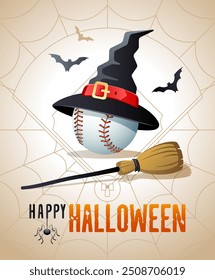 Feliz Halloween. Tarjeta de felicitación de los deportes. Bola de béisbol con sombrero de brujas y escoba en el fondo del campo de béisbol como un Web de arañas. Ilustración vectorial.