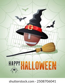 Feliz Halloween. Tarjeta de felicitación de los deportes. Balón de fútbol con sombrero de brujas y escoba en el fondo del campo de fútbol como un Web de arañas. Ilustración vectorial.