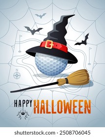 Happy Halloween. Sports greeting card. Golf ball with witches hat and broom on the background of the golf course map as a spiders web. Vector illustration.