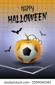 Happy Halloween. Sports greeting card. Realistic soccer ball in the shape of a Pumpkin. Vector illustration.
