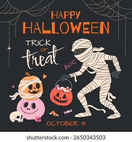 Happy Halloween. Square banner with cute pumpkins in various costumes, cobweb, mummy, skulls, and candies. Flat illustration for Trick or Treat themes, social media posts, festive backgrounds. Vector.