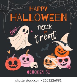 Feliz Dia das Bruxas. Banner quadrado com abóboras bonitas em vários trajes, teia de aranha, fantasma, crânios e morcegos. Ilustração plana para temas de Truque ou Tratar, postagens de mídia social, fundos festivos. Vetor.
