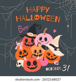 Feliz Dia das Bruxas. Banner quadrado com abóboras bonitas em vários trajes, teia de aranha, crânios e aranha. Ilustração plana para temas de Truque ou Tratar, postagens de mídia social, fundos festivos. Vetor.