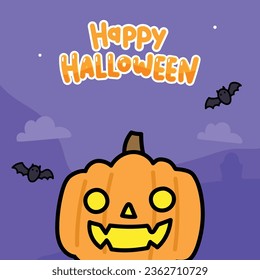 Happy Halloween square banner design background wallpaper with cute doodle  Jack o lantern pumpkin and bats purple night sky theme illustration for card sticker and facebook instagram post