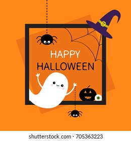 Happy Halloween. Square frame. Flying ghost, monster head silhouette. Black spider dash line. Pumpkin, eyeball, witch hat. Cute cartoon baby character Flat design Orange background Vector illustration