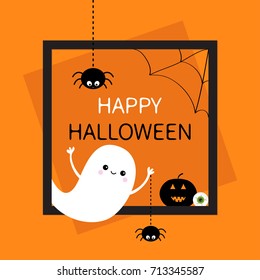 Happy Halloween. Square frame. Flying ghost silhouette. Two black spider dash line. Web corner Pumpkin, eyeball. Cute cartoon baby character. Flat design. Orange background. Vector illustration