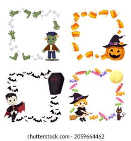 Happy Halloween square frame or party invitation background undead and witch in flat style. Photo frame candy with dracula and pumpkin character. Place text in frame