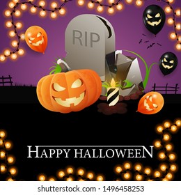 Happy Halloween, square greeting card with tombstone and pumpkin Jack