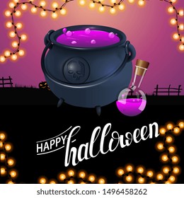 Happy Halloween, square greeting card with witch's cauldron with potion