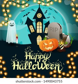 Happy Halloween, square greeting postcard with old castle, full big moon, ghost, tombstone and pumpkin Jack