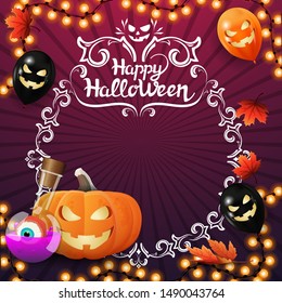 Happy Halloween, square pink greeting postcard with vignette circle frame for your text, halloween balloons, garland, pumpkin Jack and witch's potion