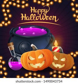 Happy Halloween, square purple greeting postcard with garland, beautiful lettering, cauldron and pumpkin Jack.