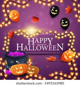 Happy Halloween, square purple greeting postcard with Halloween balloons, autumn leafs, witch's cauldron and pumpkin Jack