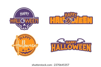 Happy halloween stamps collection. Lettering designs with halloween candy, bats and carved pumpkins. Spooky designs.