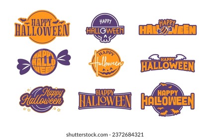 Happy halloween stamps collection. Lettering designs with halloween candy, bats and carved pumpkins. Spooky designs.