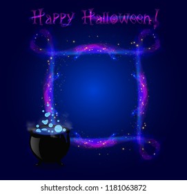 Happy halloween star galaxy frame with boiling cauldron and copy space. Llight shining glowing sparkle effect dust explosion scatter bright neon vector illustration, border, template, greeting card.