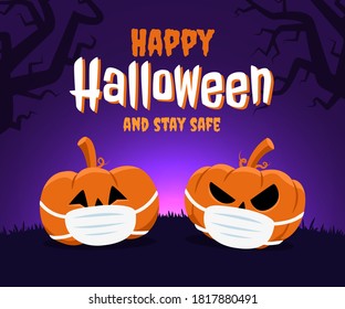 Happy Halloween and stay safe concept. Two pumpkins wearing a face mask because of coronavirus and new normal