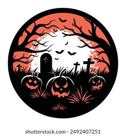 Happy Halloween sticker or badge, Orange night Cemetery landscape with trees, tombstones and scary pumpkins