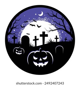 Pegatina o insignia de Halloween feliz, noche púrpura paisaje del cementerio con árboles, lápidas y calabazas de miedo