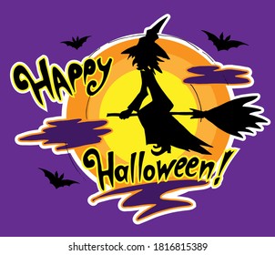 Happy Halloween sticker. Black Witch flying on a broomstick on the background of a yellow moon, vector illustration.