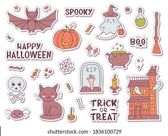 Happy Halloween sticker collection. Cute cartoon hand drawn. Kawaii style. Vector illustration.