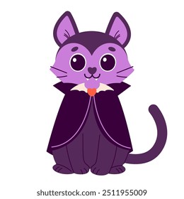 Happy Halloween sticker with cat in Dracula costume. Illustrations for Halloween holiday Funny illustration for kids. Vector illustration in flat style isolated on white