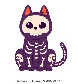 Happy Halloween sticker with cat in skeleton costume. Illustrations for Halloween holiday Funny illustration for kids. Vector illustration in flat style isolated on white