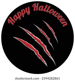 Happy Halloween sticker with claws scratches isolated on white background. Design element. Vector icon