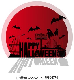 Happy Halloween. Sticker. Concept art. Halloween, cemetery with ghosts, night party. Vector illustration