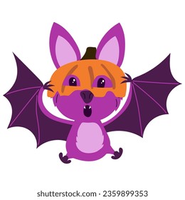 Happy Halloween sticker with Cute bat in hat from pumpkin. holiday clipart
