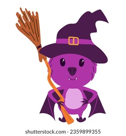 Happy Halloween sticker with Cute bat in a witchs hat and with a broom. holiday clipart