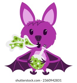 Happy Halloween sticker with Cute bat with a bottle of potion in his paws