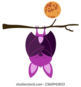 Happy Halloween sticker with Cute bat hanging upside down on a branch under the full moon. Vampire