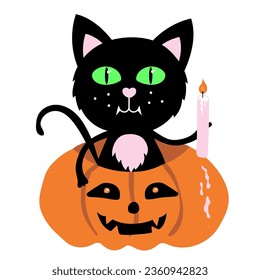 Happy Halloween sticker with Cute black cat in pumpkin with candle.