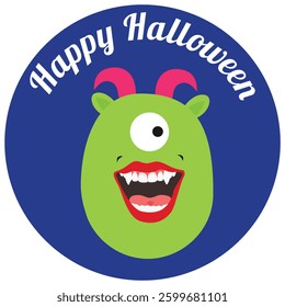 Happy Halloween sticker with cute spooky monster character isolated on white background. Design element. Vector icon