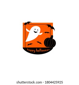 Happy Halloween - sticker or logo. Party attributes - ghost, pumpkin and bats. Vector illustration isolated on white background.
