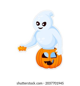 Happy Halloween sticker on white background. Orange pumpkin with a smile. Ghost gives candy. Sticker, clipart, tag, label for your design for the holiday Halloween. Vector illustration.