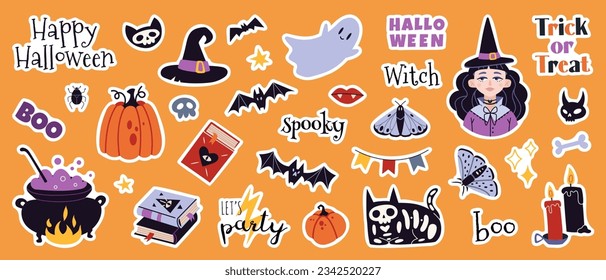 Happy Halloween sticker pack with pumpkins, bat and decoration elements. Mystical magic collection clip art. Trendy modern vector illustration, hand drawn, flat design