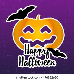 Happy halloween sticker with pumpkin and bats. Vector background.