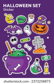 Happy Halloween Sticker with halloween pumpkin , Moon, Pumpkin ghost,Wizard Hat,cute ghost,cartoon skull and halloween elements.