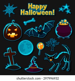Happy Halloween sticker set with characters and objects.